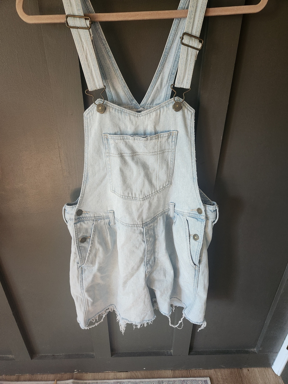 Light Wash Denim Overall Shorts with Frayed Hem